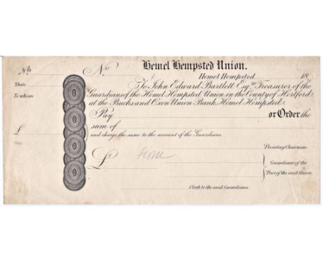 Cheques-Bucks and Oxon Union Bank, Hemel Hempstead union 18….cheque, used scare