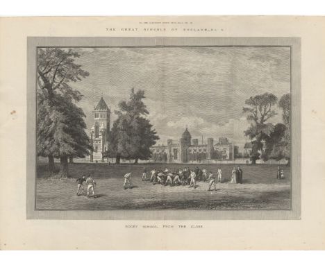 Rugby 1891-Iconic Print-black and white double page-Rugby School from the Close Rugby Gasme in Progress-The great school of L