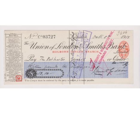Union of London &amp; Smiths Bank Ltd., Holborn Circus Branch. Used, order RO 24.4.13, black on white with blue panel and vig