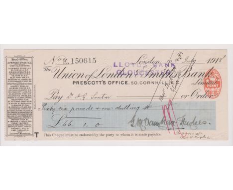 Union of London &amp; Smiths Bank Ltd., Prescott's Office, 50, Cornhill, E.C. Used, order RO 30.4.13, black on white with blu
