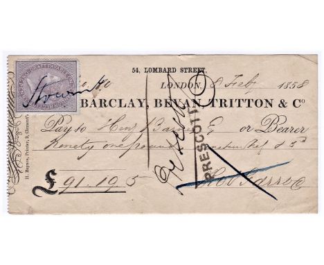 Cheque - Barclay, Bevan Tritton &amp; Co., 1858 cheque. Beaver, penny adhesive draft receipt, adhesive stamp, London Street, 