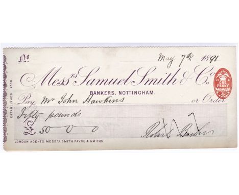 Cheque - Samuel Smith &amp; Co., Nottingham (Est 1688). 1891 used, BO 6.1.91, black on grey,  agent Smith Payne &amp; Smiths
