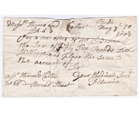 Cheque - 1803 handwritten cheque, bath, pay to order, £56 six shillings. Stevens &amp; Carter, 66 Bread Street