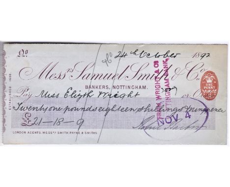 Cheque - Samuel Smith &amp; Co., Nottingham (Est 1688). 1892, used, BO 19.3.92. Plum on grey with purple panel, bottom line r
