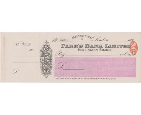 Parr's Bank Limited, Kensington Branch. Mint, order with c/f RO 27.6.96, black on white with pink panel. Vignette with coat o