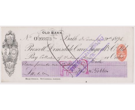 Prescott, Dimsdale, Cave, Tugwell &amp; Co., Ltd. Old Bank Bath. Mint, order with c/f RO 4.12.94, Black on white with purple 