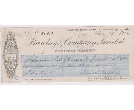 Barclay &amp; Company Limited, Saffron Walden. Used, order cheque, top right "Saffron Bloom Lodge" 1.0.0.F.M.U.F.S., No.3936"
