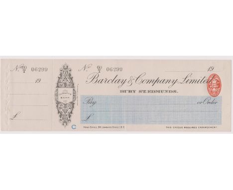 Barclay &amp; Company Limited, Alysham. Mint, order cheque, RO 29.10.15. Black on cream with blue panel, vignette with Gurney