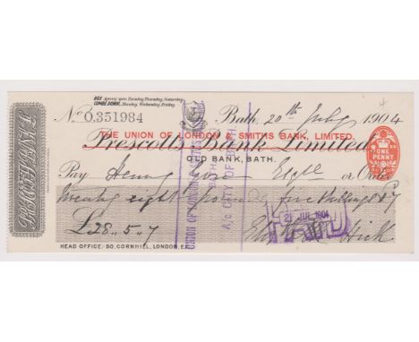 Union of London &amp; Smiths Bank Ltd., overprinted on Prescott's Bank Bath, used, order, RO 11.11.03, grey panel. Printer: B