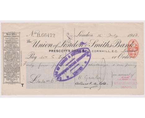 Union of London &amp; Smiths Bank Ltd., Prescott's Office, 50, Cornhill, E.C. Used, order RO 24.7.11, black on white with blu