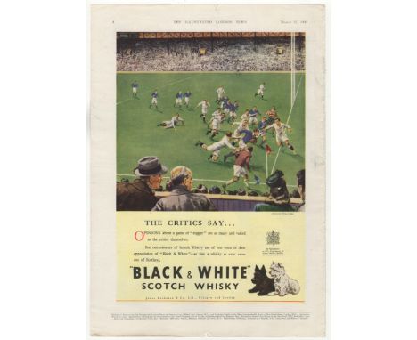 Black + White Scotch Whisky 1948-full page colour advertisement-Rugby Game-very fine 10" x 14"