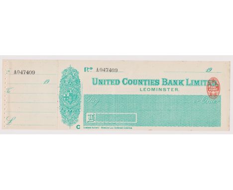 United Counties Bank Limited, Leominster. Mint, order with c/foil, RO 25.9.14, cream on white with green panel; vignette with