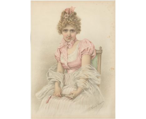 Florence Gravier-An antique colour print -beautiful Victorian lady in silk gown holding fan-'A charming face' C1890