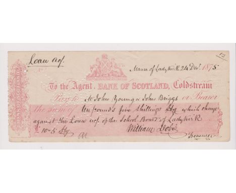 Bank of Scotland, Coldstream 1875 (24 December) Cheque - The Lady Kirk School Board account. Used, pink on cream, paid pin pe