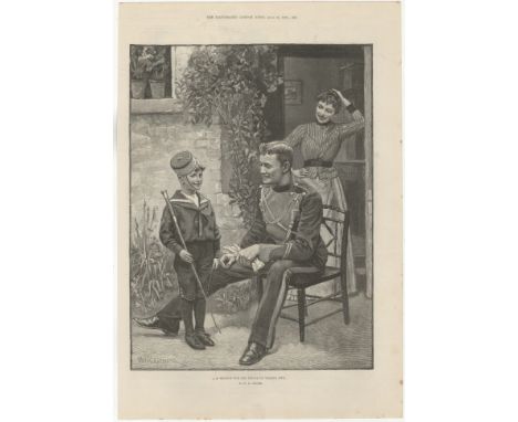W.H Groome 1891-Military print-A Recruit For The prince of Wales'-A soldier with young boy in uniform-11.1/2" x 15" approx.