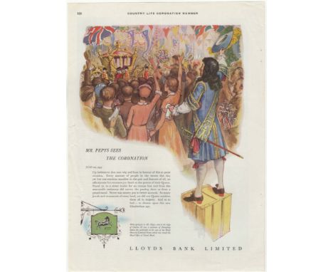 Lloyds Bank Limited 1953-full page advertisement Mr Pepys sees the Coronation sign of the Black Horse, Lombard Street-9.1/2" 