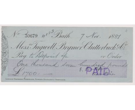 Tugwell, Brymer , Clutterbuck &amp; Co., Bath. Used, order CO 8.10.80, black on blue with violet panel. Printer: Blades, East