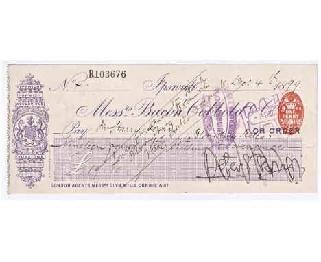Cheque - Bacon Cobbold &amp; Co., Ipswich used order 1899, RO: 6.12.99  purple on white. Printer: W.W. Sprague &amp; Co. Vign