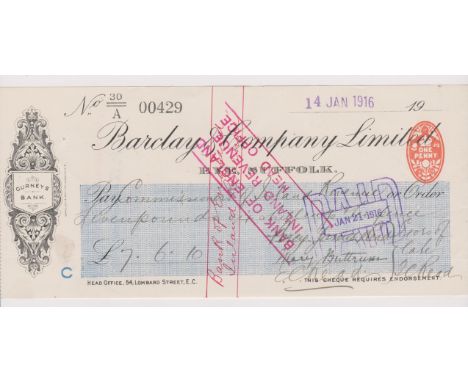 Barclay &amp; Company Limited, Eye (Suffolk). Used, order cheque, RO 17.6.15. Black on cream with blue panel, vignette with G