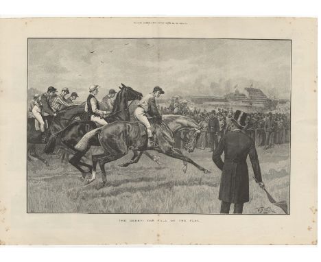 Horse Racing The Derby 1891 - fine double page black and white print by W.B. Wollen 1891-'The Derby 'The Fall of the Flag''-s