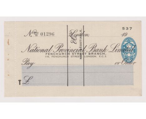 National Provincial Bank Limited, Fenchurch Street Branch. Mint, order, no counter foil type. BO 27.4.38. Black on cream with