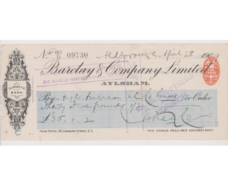 Barclay &amp; Company Limited, Alysham. Used, order cheque, RO 22.12.08. Black on cream with blue panel, vignette with Gurney