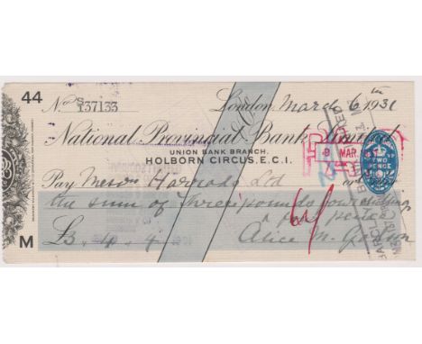 National Provincial Bank Ltd, Union Bank Branch, Holborn Circus. Used, order BO 2.1.31. Black on grey. Printer: Bradbury Wilk