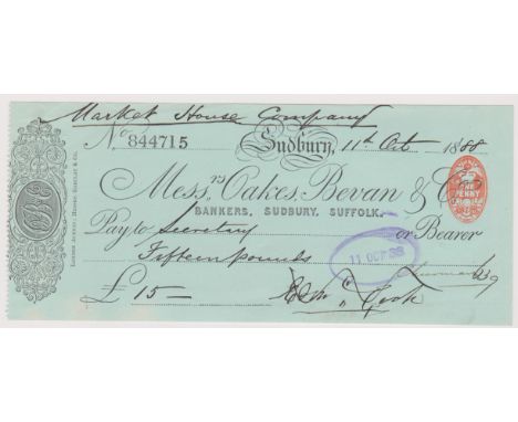 Oakes, Bevan &amp; Co., Sudbury (Market house cheque), 1888 used, Bearer, black on white