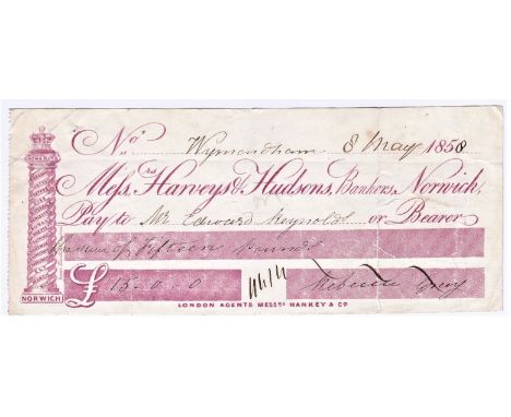 Cheques - Harvey's Hudson's Bankers, Norwich 1858. Used cheque, red on white, branches vignette at left. Printer: Rowe Kentis