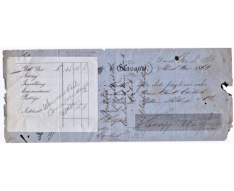 Cheques - 1861 Glasgow, John Clapperton &amp; Co, manufactures and merchant cheque to order with receipt to Chas Phillips-dra