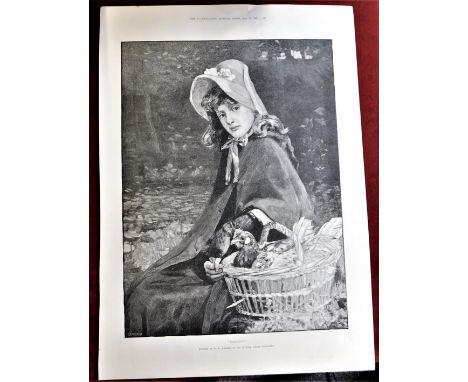 Print by W.H.Gadsby 1891-full page black and white print-'Chickens'-two in her basket by W.h.Gadsby in the Suffolk Street Exh