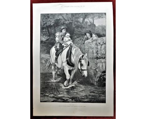 Royal Academy (F.Morgan) 1891-a full page black and white print-young family on horseback crossing a stream-'Hold Tight' by F