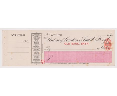 Union of London &amp; Smiths Bank Ltd., Old Bank Bath. Mint, order with c/foil, RO 10.6.14, black on white with pink panel. V