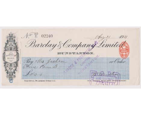 Barclay &amp; Company Limited, Hunstanton. Used, order cheque, RO 29.9.10. Black on cream with blue panel, vignette with Gurn