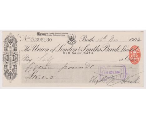 Union of London &amp; Smiths Bank Ltd., Old Bank Bath (Formerly Prescott's Bank Ltd). Used, order RO 21.11.03, black on cream