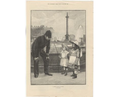 Police print 1883-full page black and white print-'A Serious Case of Poaching'-by T.Taylor-Policeman talks to two young girls