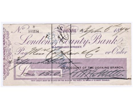 Cheque - London County Bank,  Lombard Street, 1879. Used cheque, RO 31.7.75 purple on cream. Printer: Charles Skipper 