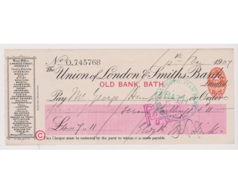 Union of London &amp; Smiths Bank Ltd., Old Bank Bath. Used order RO 1.7.07, black on white with pink panel. Vignette - list 