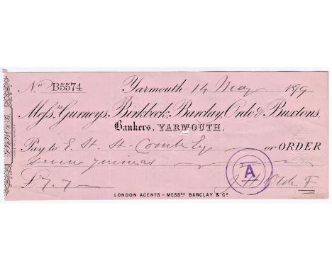Cheques - Gurneys, Birbeck, Barclay, Orde &amp; Buxtons 1879. CO 17.1.79. Used cheque, black on pink, Yarmouth bankers. Print