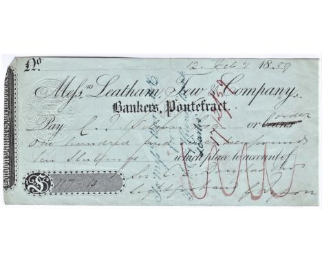 Cheque - Leatham, Jew &amp; Company., Pontefract. Used, BO 30.3.57. Black on duck shell blue.