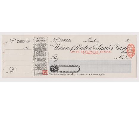 Union of London &amp; Smiths Bank Ltd., South Kensington Branch. Mint, order with c/foil, RO 18.12.07, black on white with bl