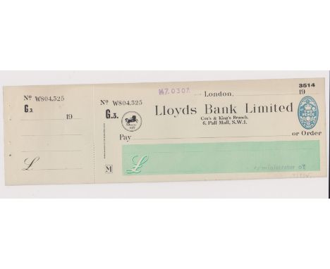 Lloyds Bank Limited, Cox's &amp; King's Branch, Pall Mall. Mint, order with c/f, BO 1.10.41. Black on cream &amp; green with 