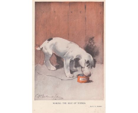 Studdy G.E - 1930s colour carton print 'Making The Best of Things' pet dog eating a tin of salmon! 7" x 9" approx.