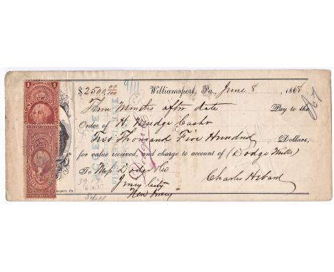 Cheques - First National Bank, New York 1868-Williamsport, Pennsylvania, used cheque-1 dollar and 25 cents types, reverse sta