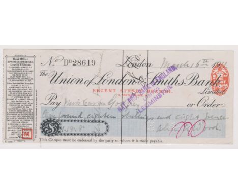 Union of London &amp; Smiths Bank Ltd., Regent Street Branch. Used, order, black on white with blue panel; vignette with list
