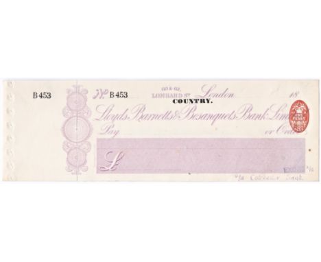 Cheques-Lloyds, Barnells, Bosanguets Bank Limited-London 60+62 Lombard Street, Country cheque to order unused with c/f, 18…