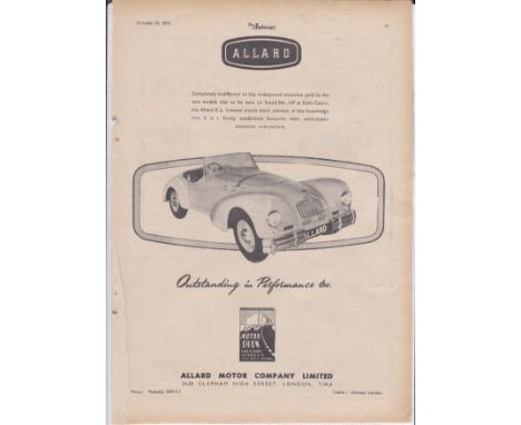 Allard 1951-full page black and white advertisement-Allard K.2 seater Motor Show Earls Court Stand 147-scare 8" x 12" approx.