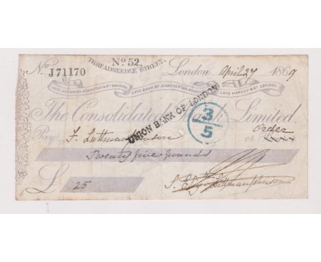 Consolidated Bank Limited, 52 Threadneedle Street, London. Paid, Bearer, Cheque altered to order. CO 27.5.66. Violet on cream