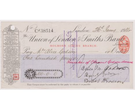 Union of London &amp; Smiths Bank Ltd., Holborn Circus Branch. Used, order RO 24.2.13, black on white with blue panel and vig