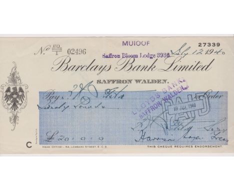 Barclays Bank Limited, Saffron Walden. Used, order cheque, top right "Saffron Bloom Lodge" MU100F. 3936"' Black on cream with